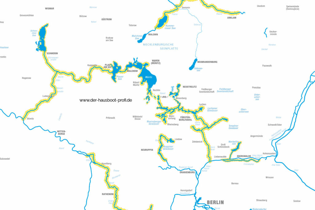 Karte der mit dem Hausboot und führerscheinfrei mit Charterschein befahrbaren Flüsse und Kanäle in der Mecklenburgischen Seenplatte. 
